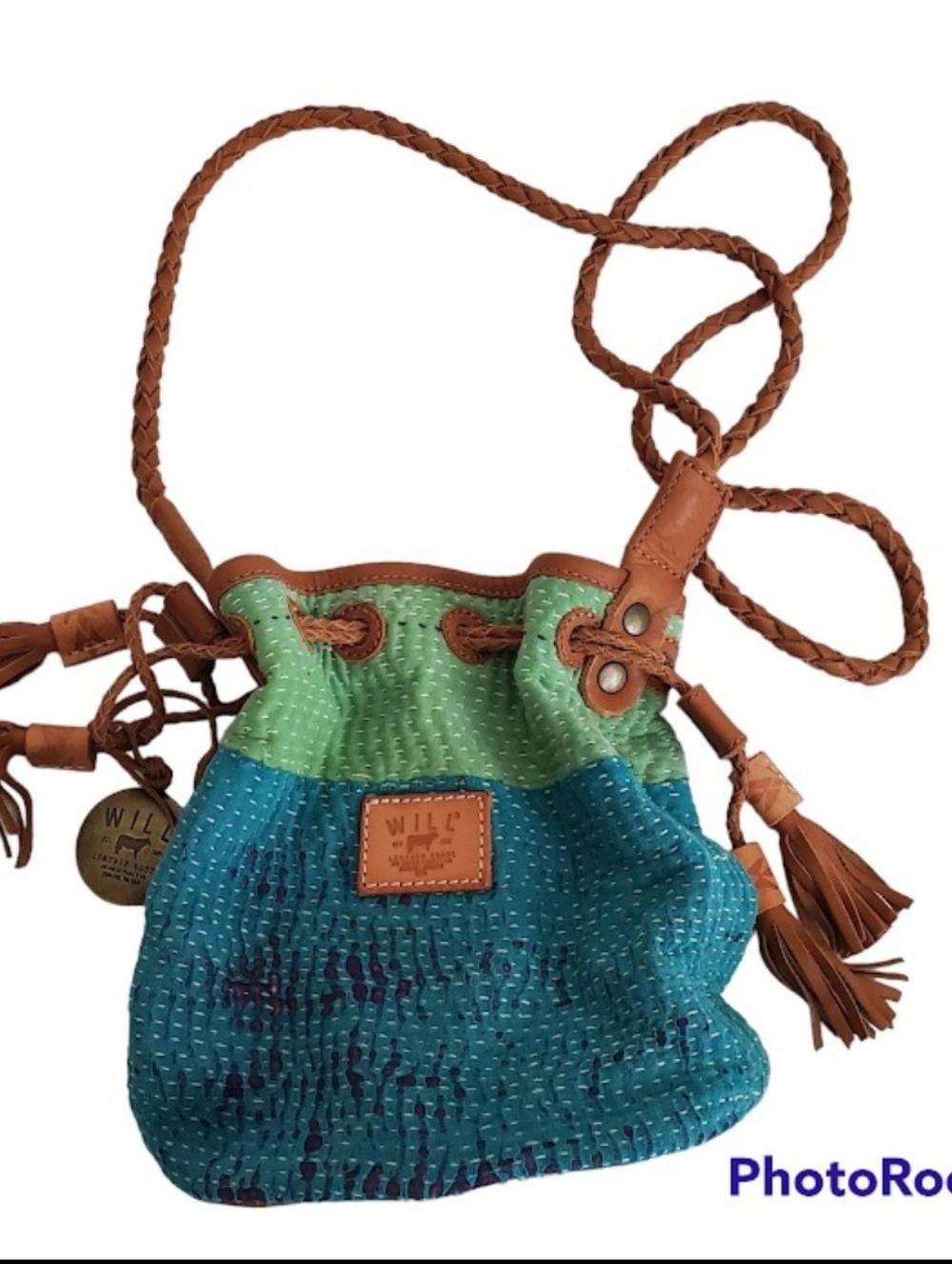 Will Leather Goods Blue Green Patchwork Fabric Boho Sack Crossbody Bag Braided